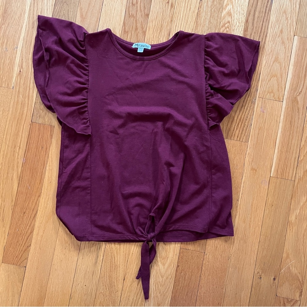 Mirawise Girls 12-13 Maroon Ruffle Flutter Sleeve Blouse Decorative Tie Front